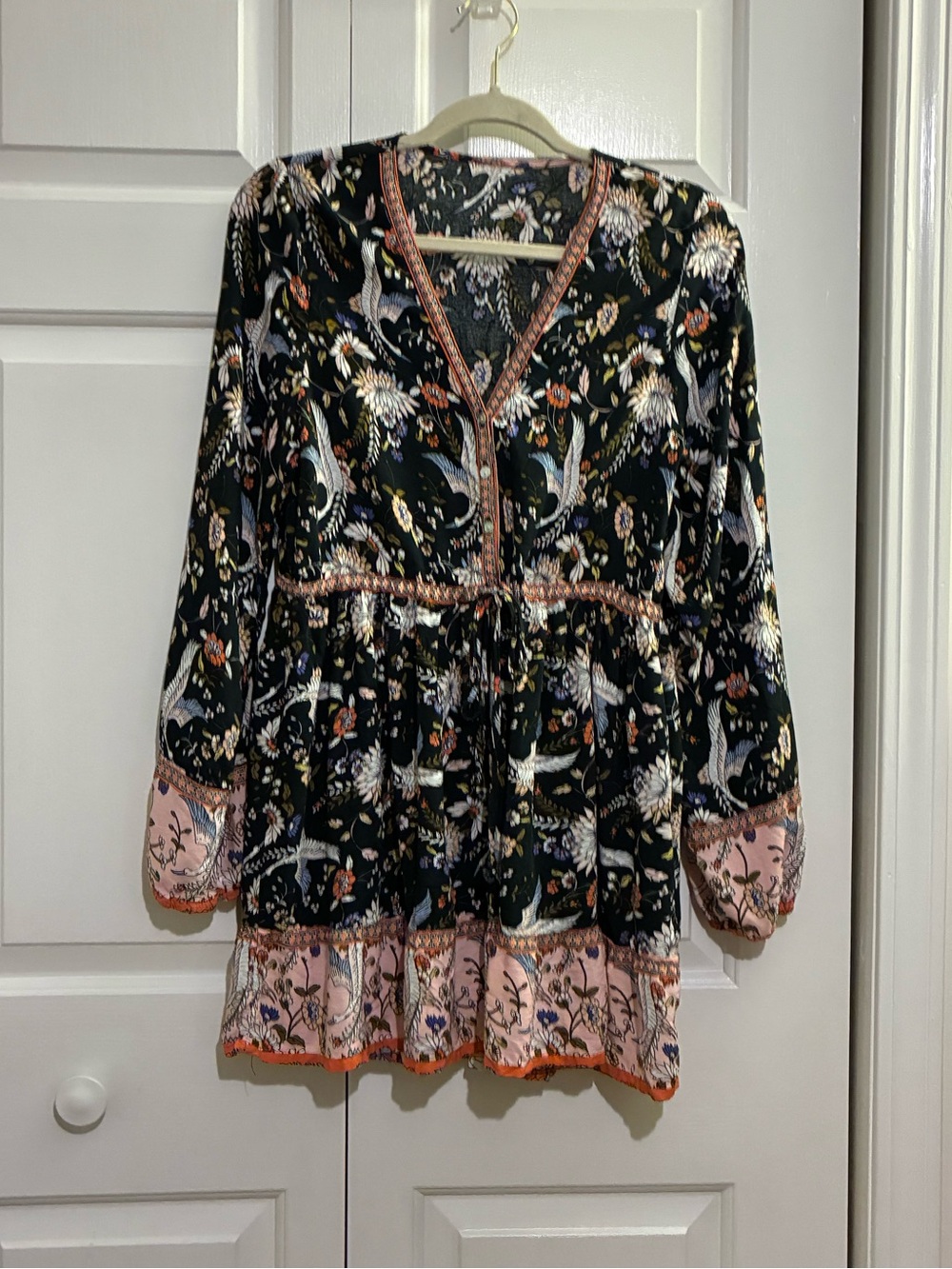 Free People Black Floral Long Sleeve Tunic with Pink Border